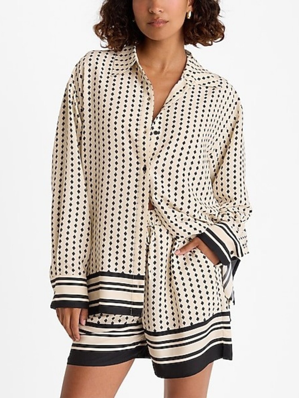 Express Silk-Blend Cream and Black Printed Button-Up Set